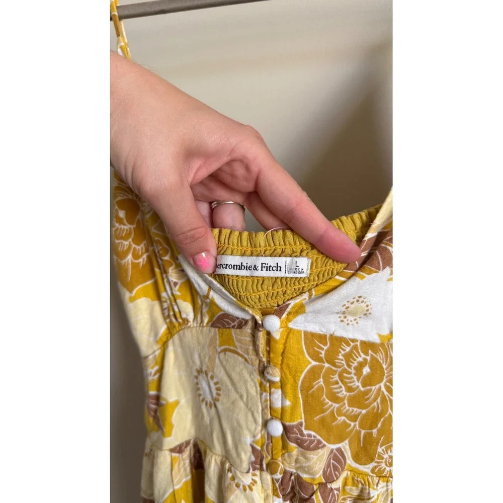 Abercrombie & Fitch Floral Maxi Dress Mustard Yellow Boho Button Front Womens L